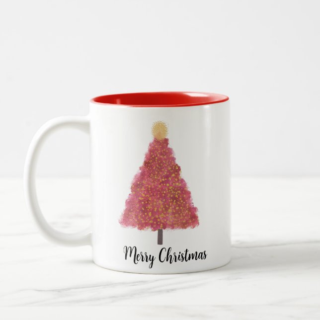 Pink christmas treewith glitter   Two-Tone coffee mug (Left)