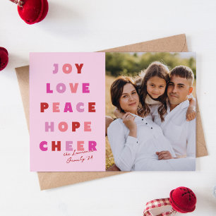 Pink Christmas Typography Joy Love Peace Hope Holiday Card