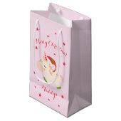 Pink Christmas Unicorn Holiday Personalized Small Gift Bag (Front Angled)