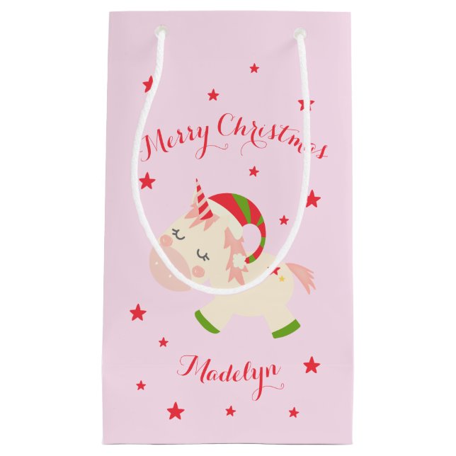 Pink Christmas Unicorn Holiday Personalized Small Gift Bag (Front)