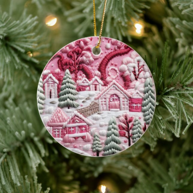 Pink Christmas Village  Ceramic Ornament (Tree)