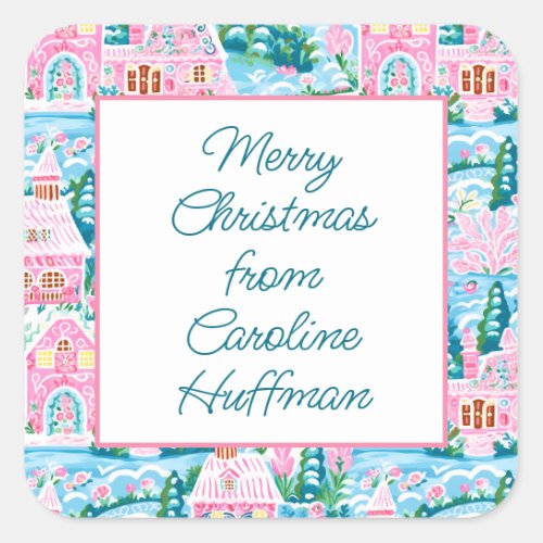 Pink Christmas Village Gift Square Sticker