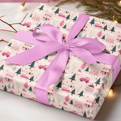 Pink Christmas Vintage Town Wrapping Paper