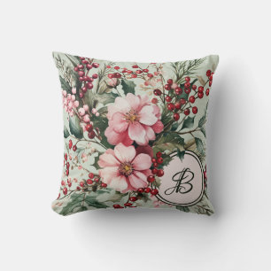 Pink Christmas Watercolor Floral Monogram Throw Pillow
