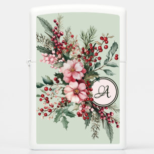 Pink Christmas Watercolor Floral Spray Monogrammed Zippo Lighter