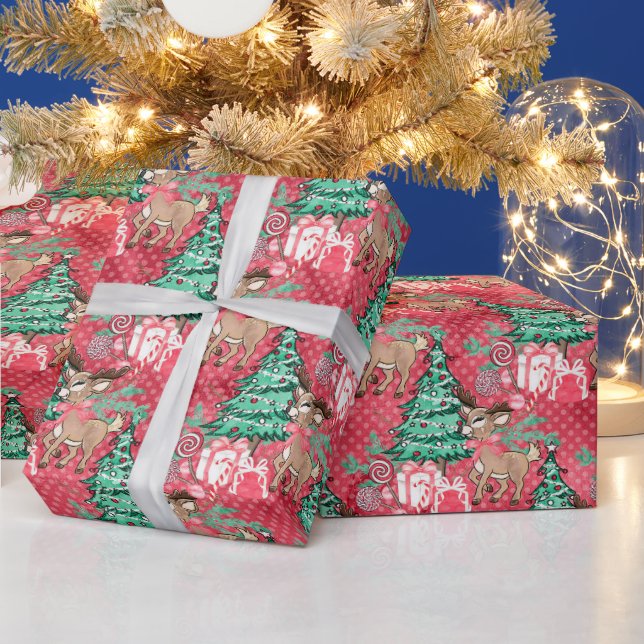 Pink Christmas watercolor reindeer wrap Wrapping Paper (Holidays)