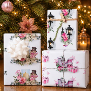 Pink Christmas Watercolor Wrapping Paper Sheets