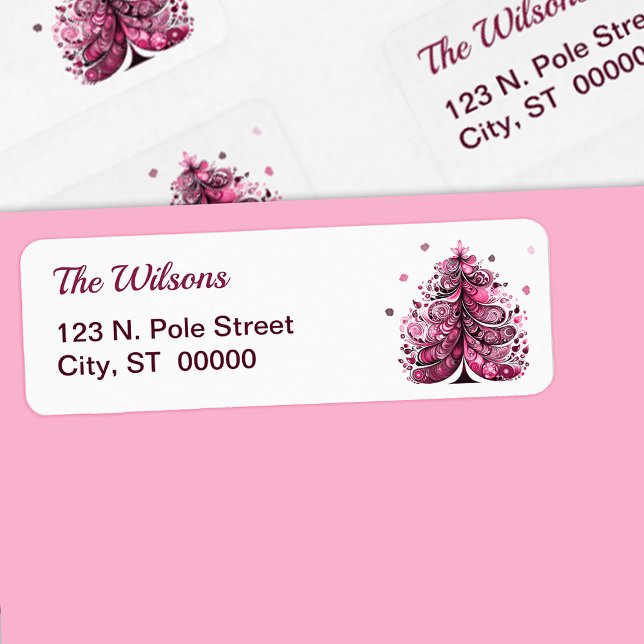 Pink Christmas Whimsical Tree Return Address Label (Pink Christmas Whimsical Tree Return Address Label)