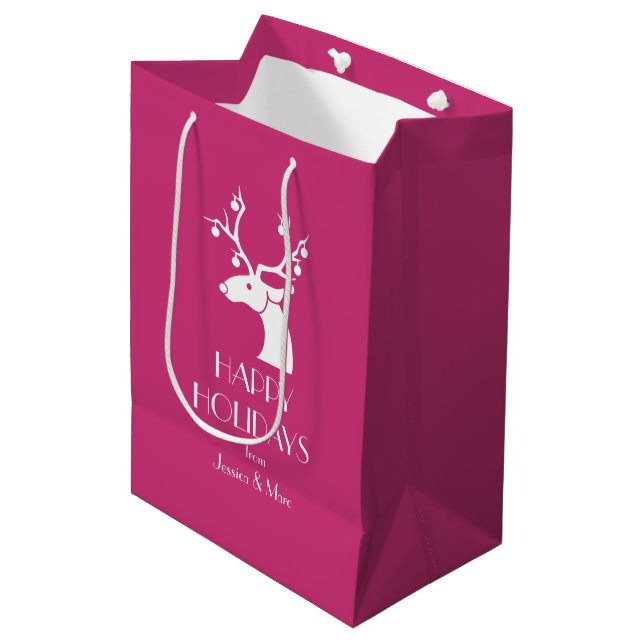 Pink Christmas White Reindeer Personalized Message Medium Gift Bag (Front Angled)