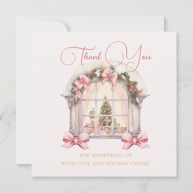 Pink Christmas Window Baby Shower Watercolor  Thank You Card (Front)