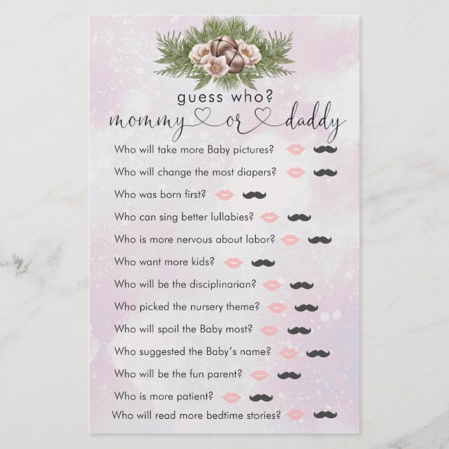 Pink Christmas Winter Baby Shower "Guess Who" Game (Front)