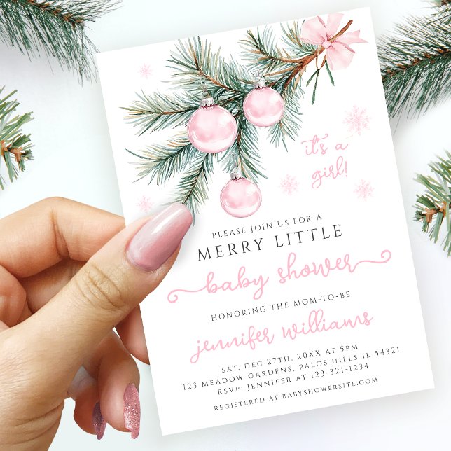 Pink Christmas Winter Ornaments Baby Girl Shower Invitation (Creator Uploaded)