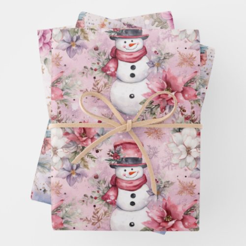 Pink Christmas Winter Snowmen Florals Watercolor Wrapping Paper Sheets