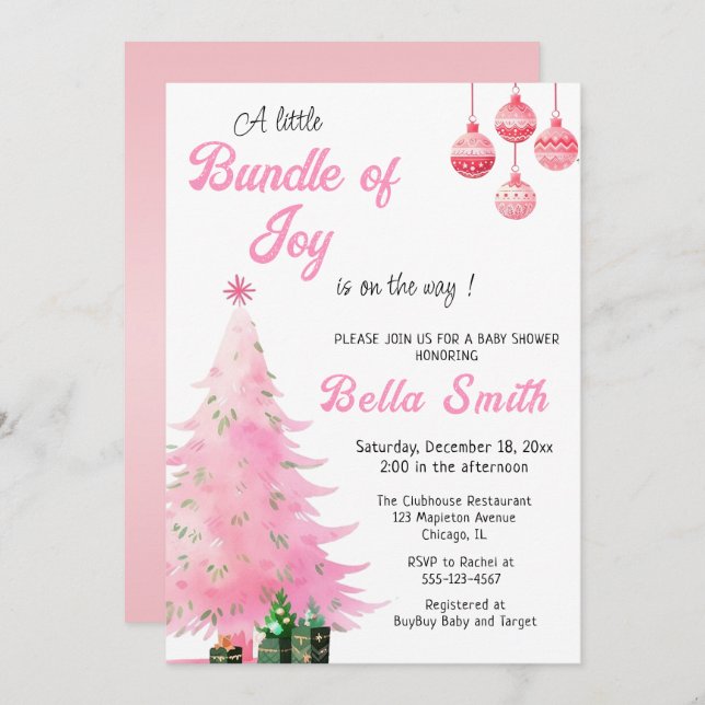 Pink Christmas Winter Tree Baby Shower Invitation (Front/Back)
