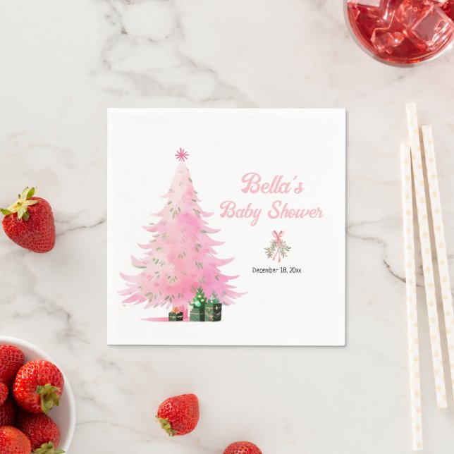 Pink Christmas Winter Tree Baby Shower Napkins (Insitu)