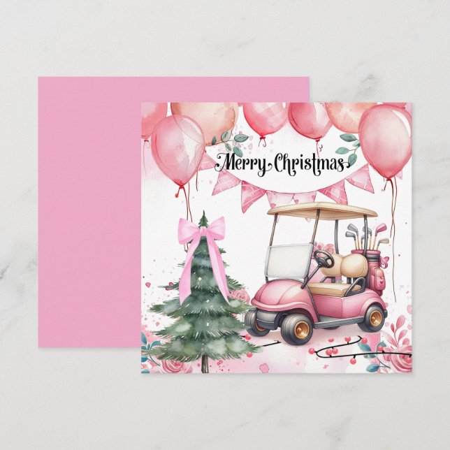 Pink  Christmas with golf  cart for golfer    Holiday Card (Front/Back)