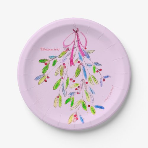 Pink Christmas with Mistletoe Paper Plates