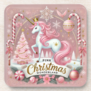 Pink Christmas Wonderland Unicorn Beverage Coaster