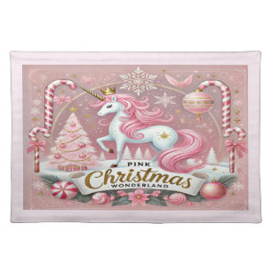 Pink Christmas Wonderland Unicorn Cloth Placemat