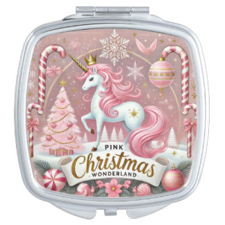Pink Christmas Wonderland Unicorn Compact Mirror