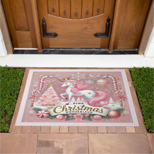 Pink Christmas Wonderland Unicorn Doormat