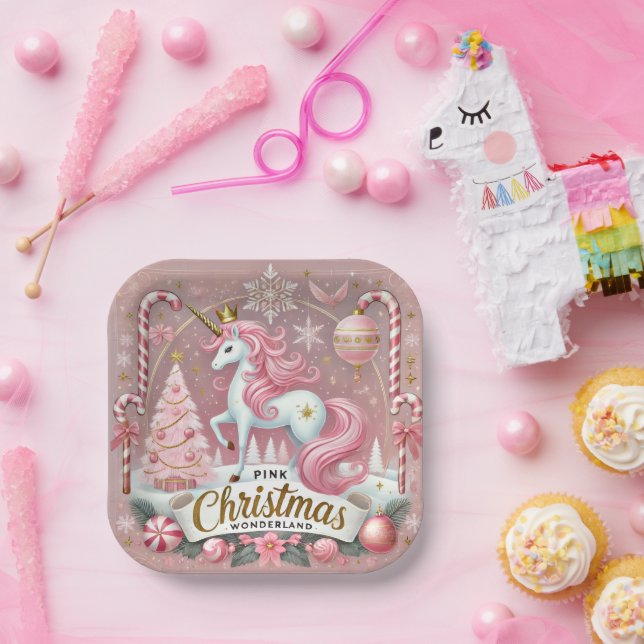 Pink Christmas Wonderland Unicorn  Paper Plates (Party)