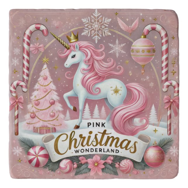 Pink Christmas Wonderland Unicorn Trivet (Front)