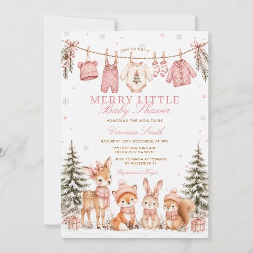 Pink Christmas Woodland Animals Baby Girl Shower Invitation