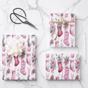Pink Christmas wrapping with stockings pine branch Paper Sheets