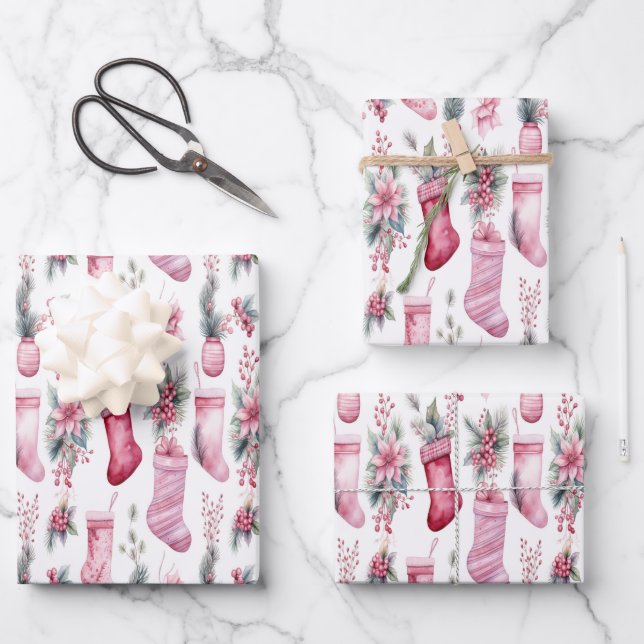 Pink Christmas wrapping with stockings pine branch Wrapping Paper Sheets (Front)