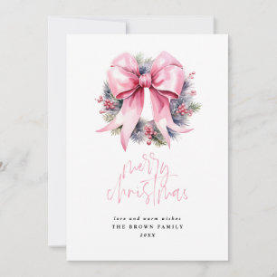 Pink Christmas Wreath Christmas Watercolor Holiday Card