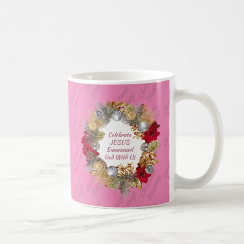 Pink Christmas Wreath Monogram Coffee Mug