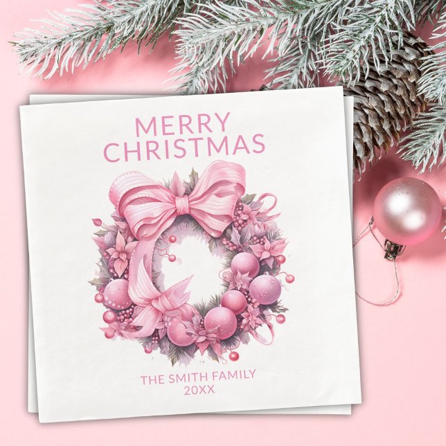 Pink Christmas Wreath Party Paper Dinner Napkins (Creator Uploaded)