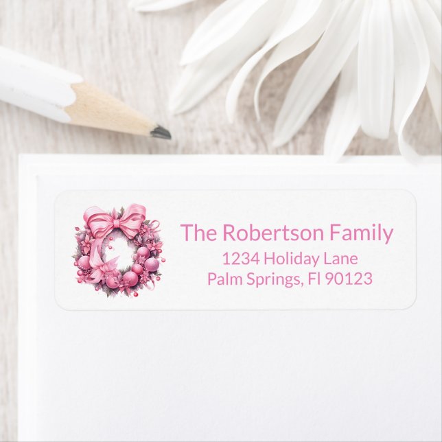 Pink Christmas Wreath Return Address Label (Insitu)