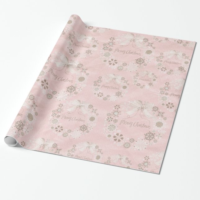 Pink Christmas Wreath Wrapping Paper (Unrolled)