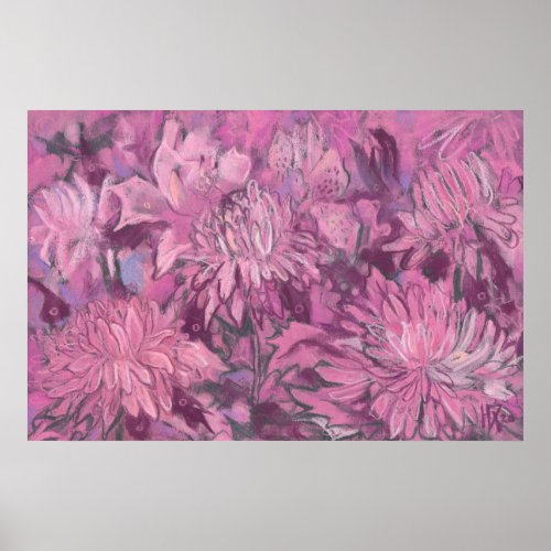 Pink Chrysanthemum Flowers Floral Pastel Painting Poster