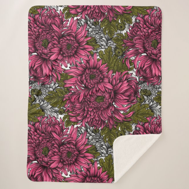 Pink chrysanthemum flowers sherpa blanket (Front)