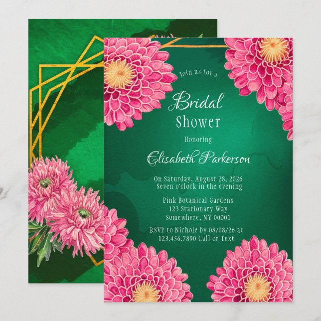 Pink Chrysanthemums Geometric Bridal Shower Invitation (Front/Back)