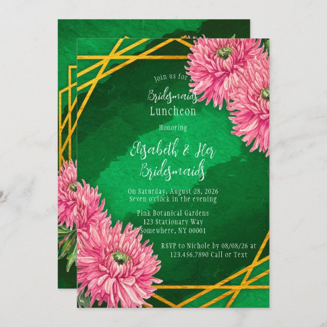 Pink Chrysanthemums Geometric Bridesmaids Luncheon Invitation (Front/Back)