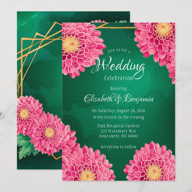 Pink Chrysanthemums Geometric Wedding Celebration Invitation (Front/Back)