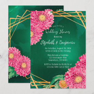 Pink Chrysanthemums Gold Geometric Wedding Shower Invitation