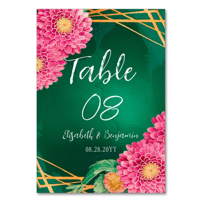 Pink Chrysanthemums Gold Geometric Wedding Table Number (Front)