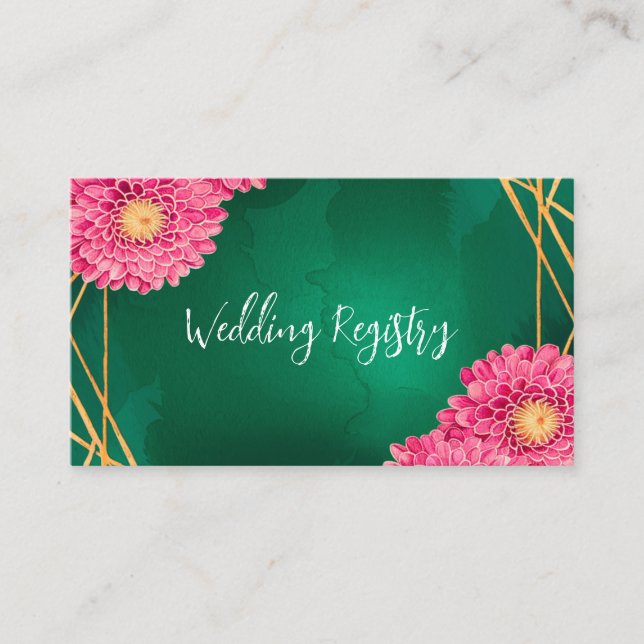 Pink Chrysanthemums Gold Wedding Registry Enclosure Card (Front)