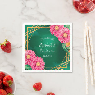 Pink Chrysanthemums with Gold Geometric Wedding Napkins