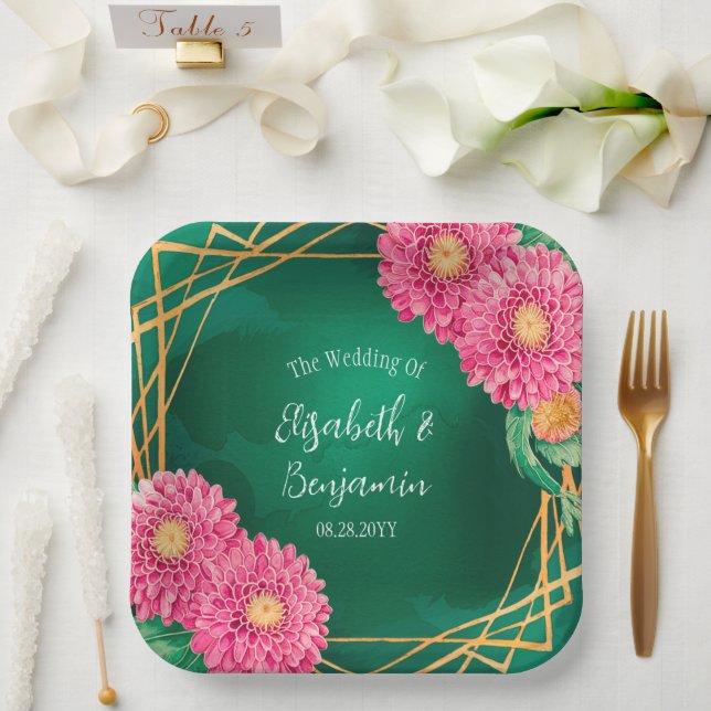 Pink Chrysanthemums with Gold Geometric Wedding Paper Plates (Wedding)