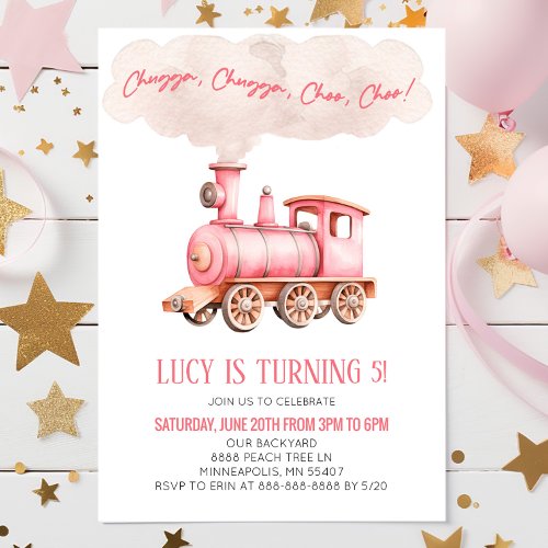 Pink Chugga Choo Choo Train Birthday Party Invitation