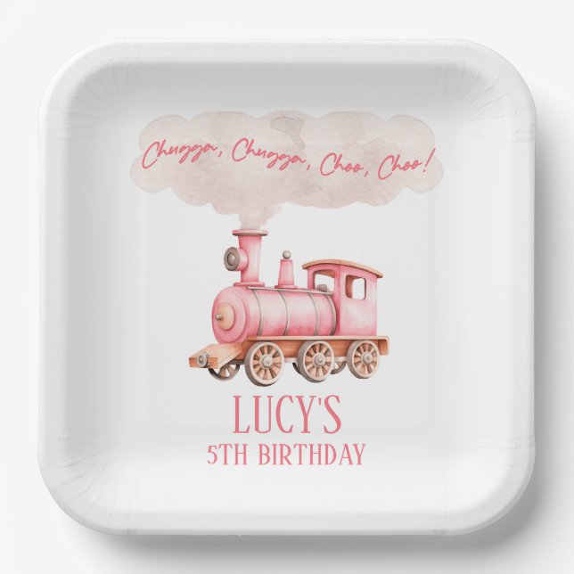 Pink Chugga Choo Choo Vintage Train Birthday Party Paper Plates (Front)