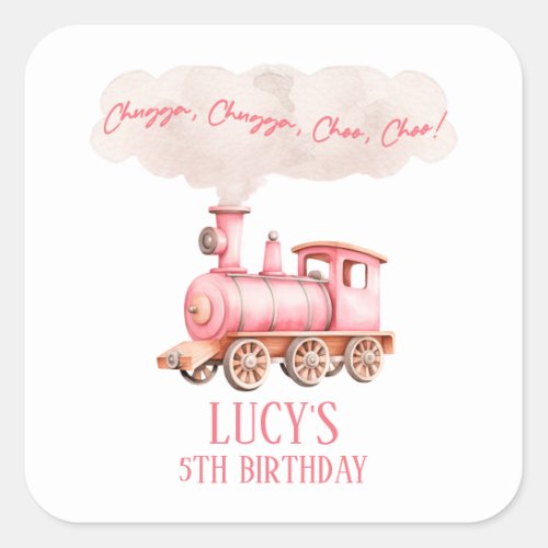 Pink Chugga Choo Choo Vintage Train Birthday Party Square Sticker