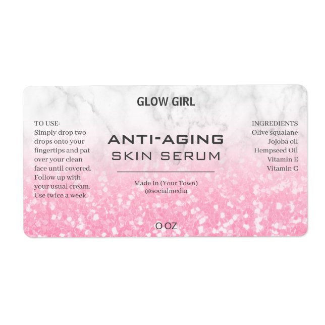 Pink Chunky Glitter And Marble Serum Labels (Front)