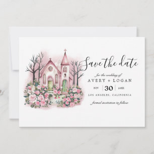 pink church floral watercolor save the date invitation